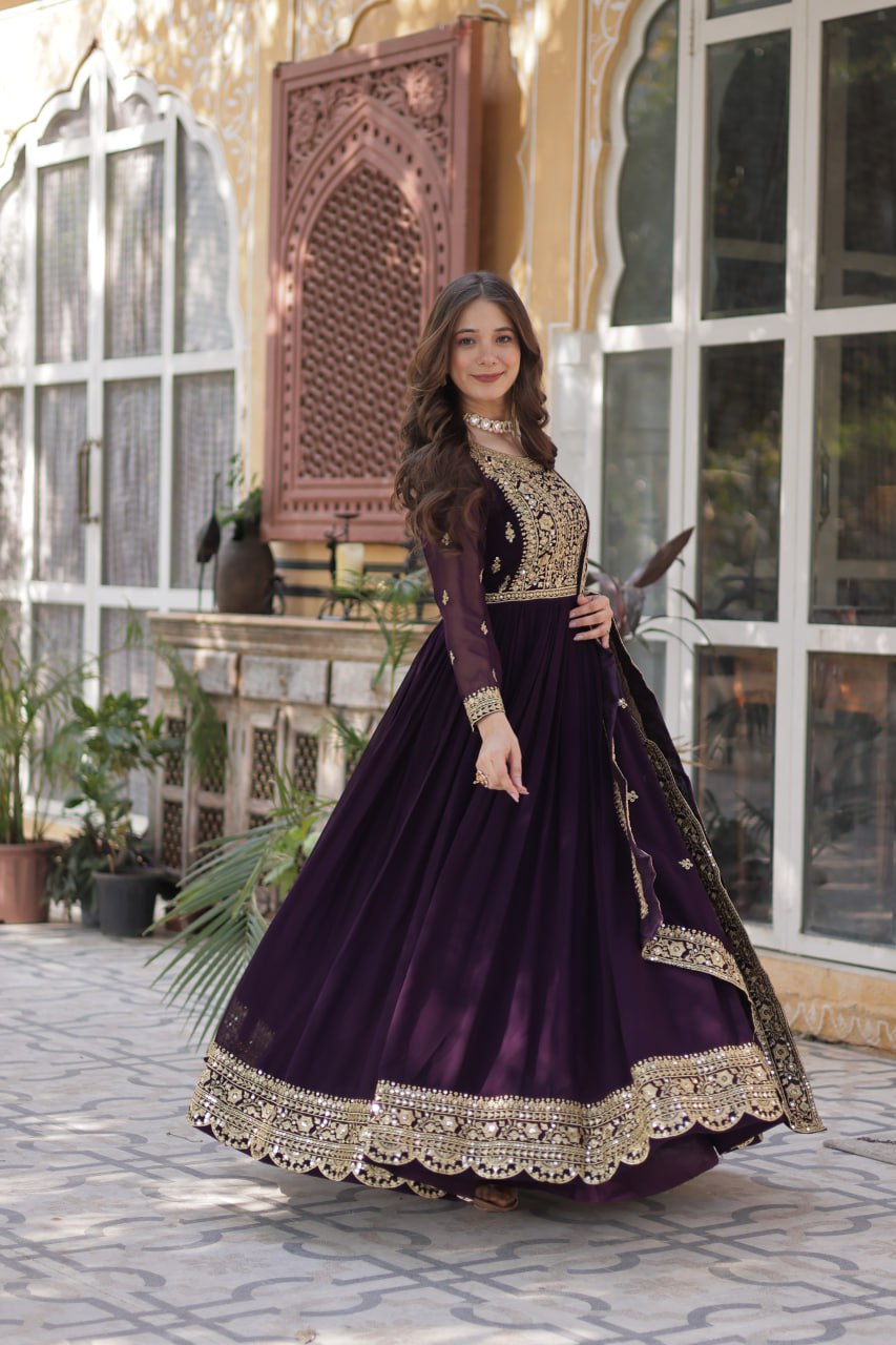 Elegant Faux Georgette Embroidered Gown With Dupatta - ETHNICDEAL