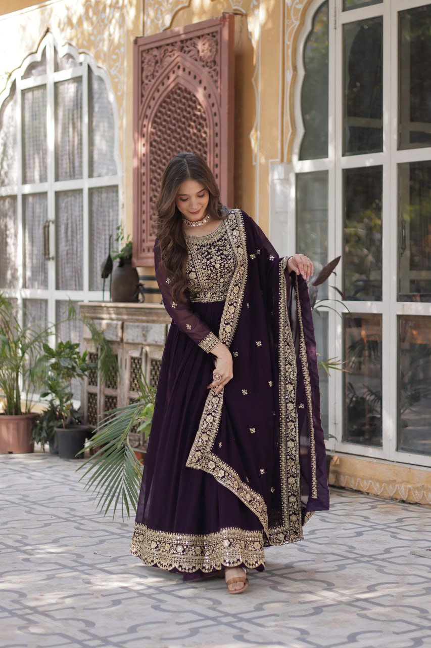 Elegant Faux Georgette Embroidered Gown With Dupatta - ETHNICDEAL