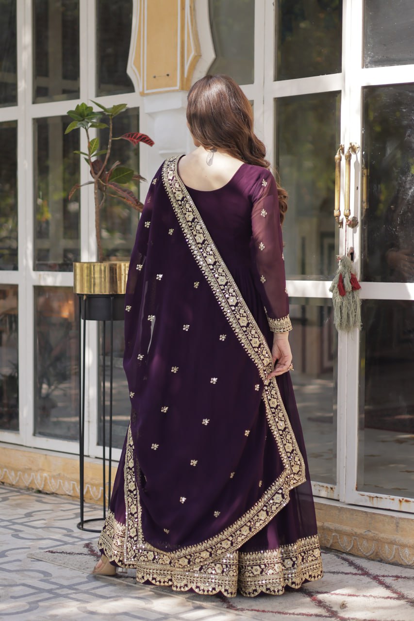 Elegant Faux Georgette Embroidered Gown With Dupatta - ETHNICDEAL