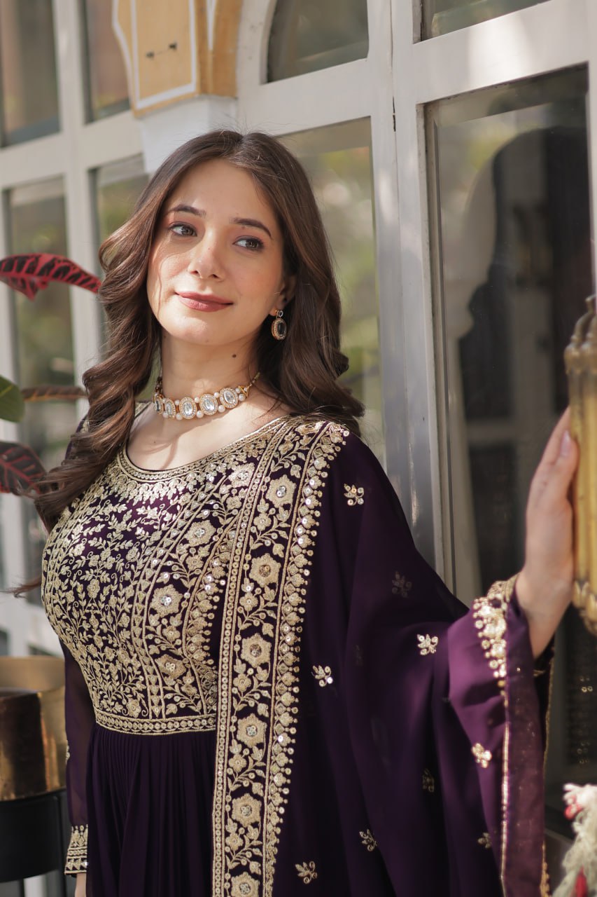 Elegant Faux Georgette Embroidered Gown With Dupatta - ETHNICDEAL