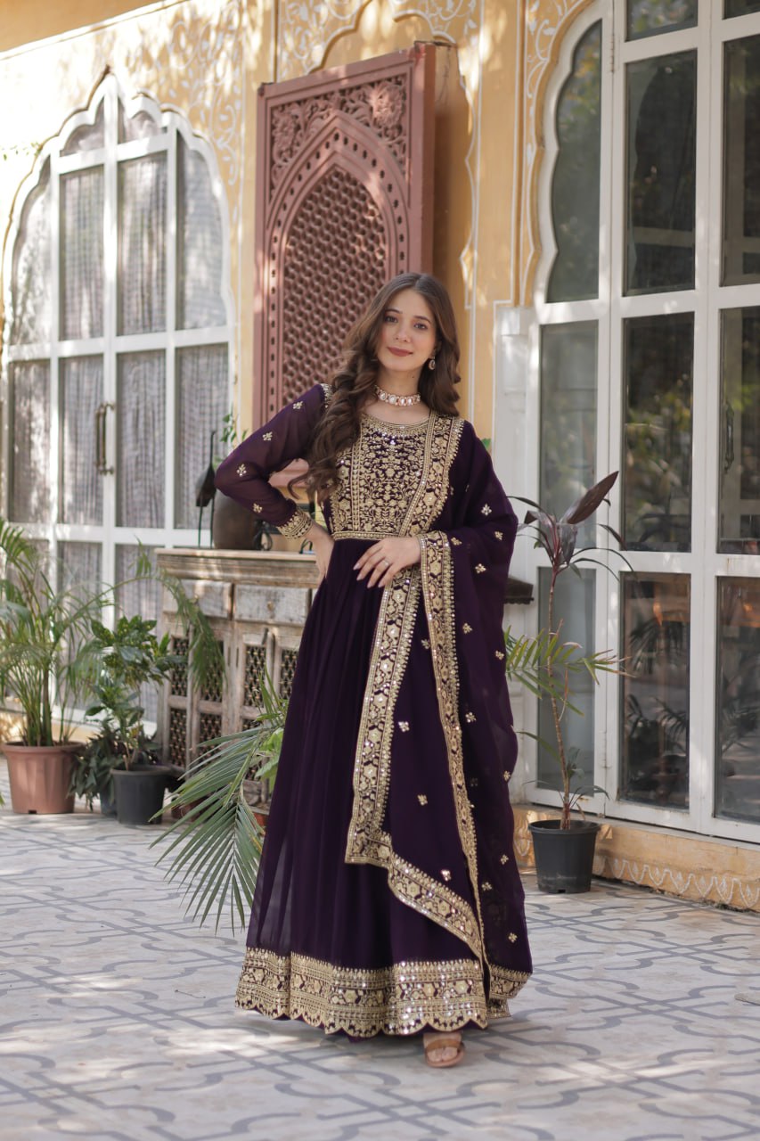 Elegant Faux Georgette Embroidered Gown With Dupatta - ETHNICDEAL