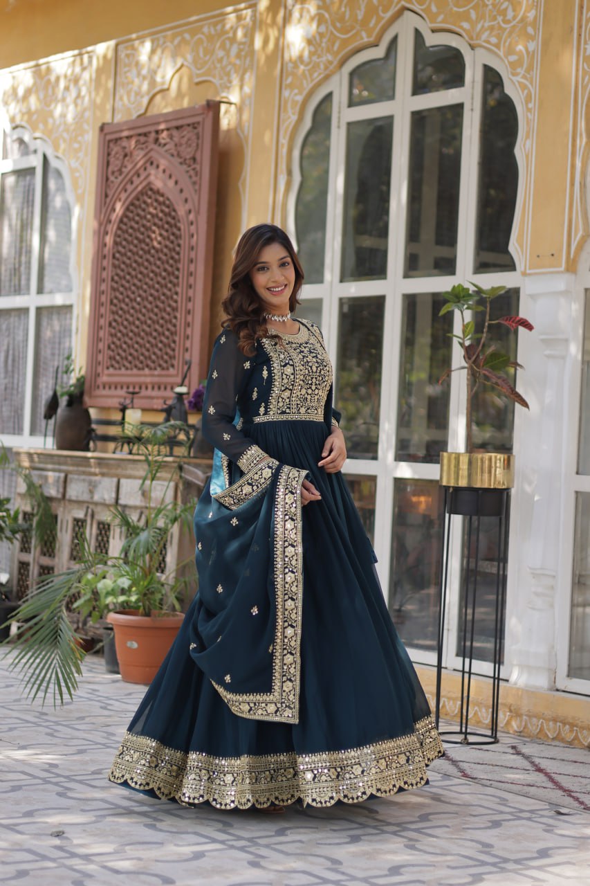 Elegant Faux Georgette Embroidered Gown With Dupatta - ETHNICDEAL