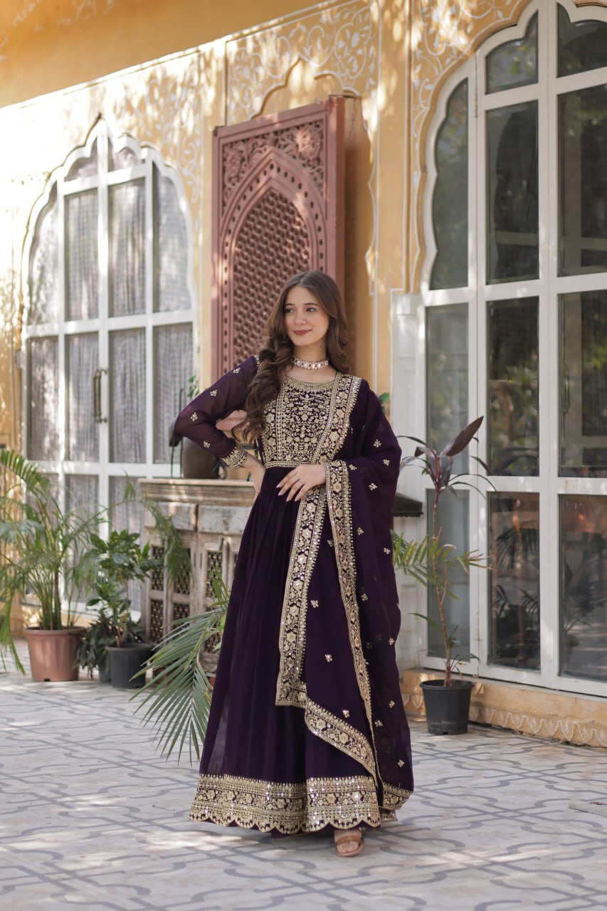 Elegant Faux Georgette Embroidered Gown With Dupatta - ETHNICDEAL