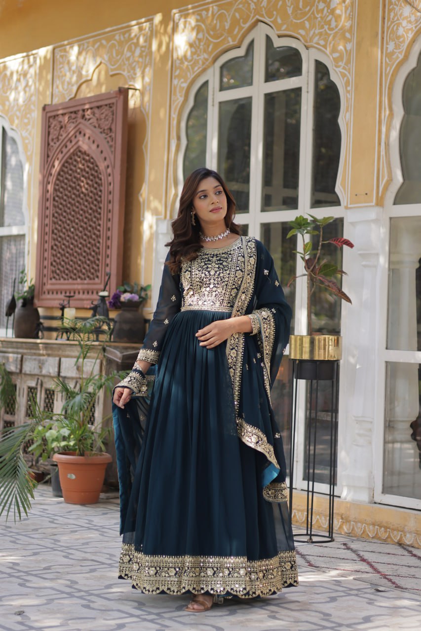 Elegant Faux Georgette Embroidered Gown With Dupatta - ETHNICDEAL