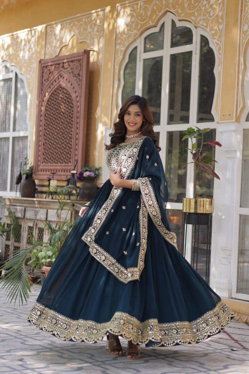 Elegant Faux Georgette Embroidered Gown With Dupatta - ETHNICDEAL