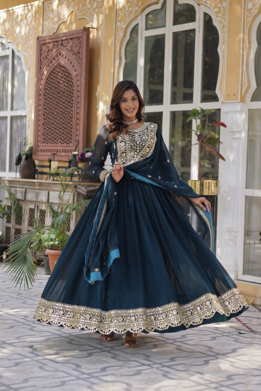 Elegant Faux Georgette Embroidered Gown With Dupatta - ETHNICDEAL