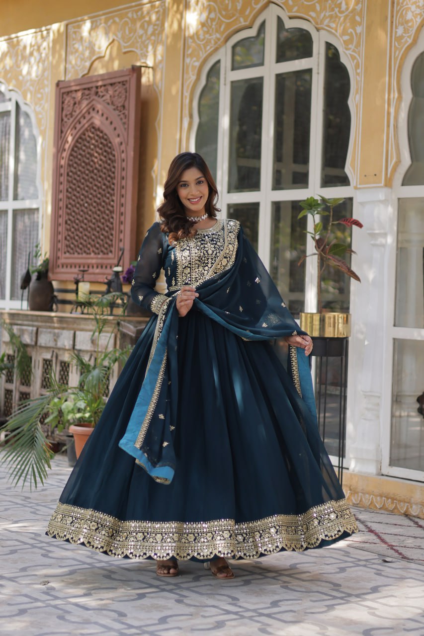 Elegant Faux Georgette Embroidered Gown With Dupatta - ETHNICDEAL