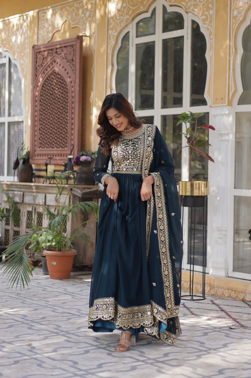 Elegant Faux Georgette Embroidered Gown With Dupatta - ETHNICDEAL