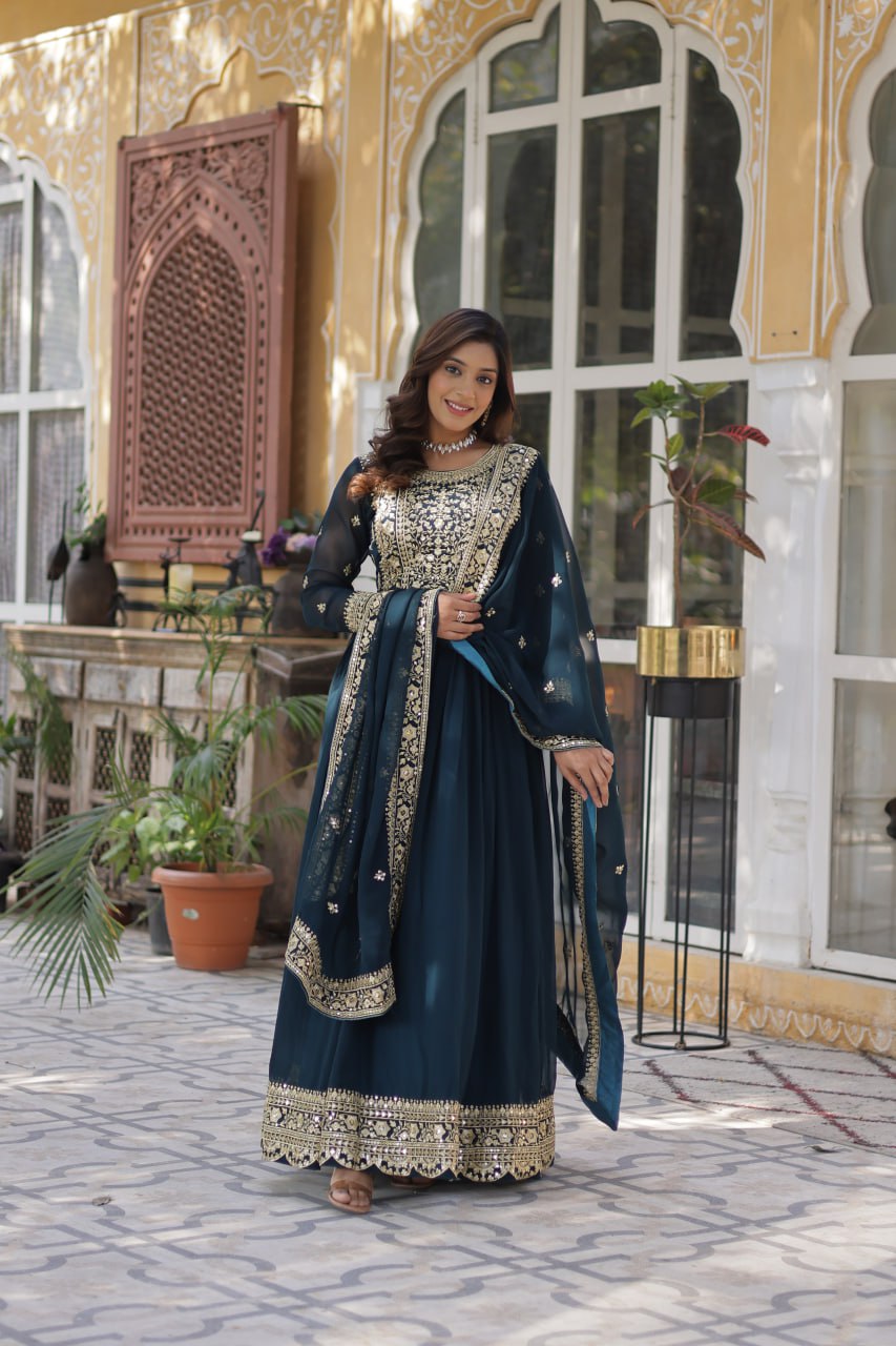 Elegant Faux Georgette Embroidered Gown With Dupatta - ETHNICDEAL