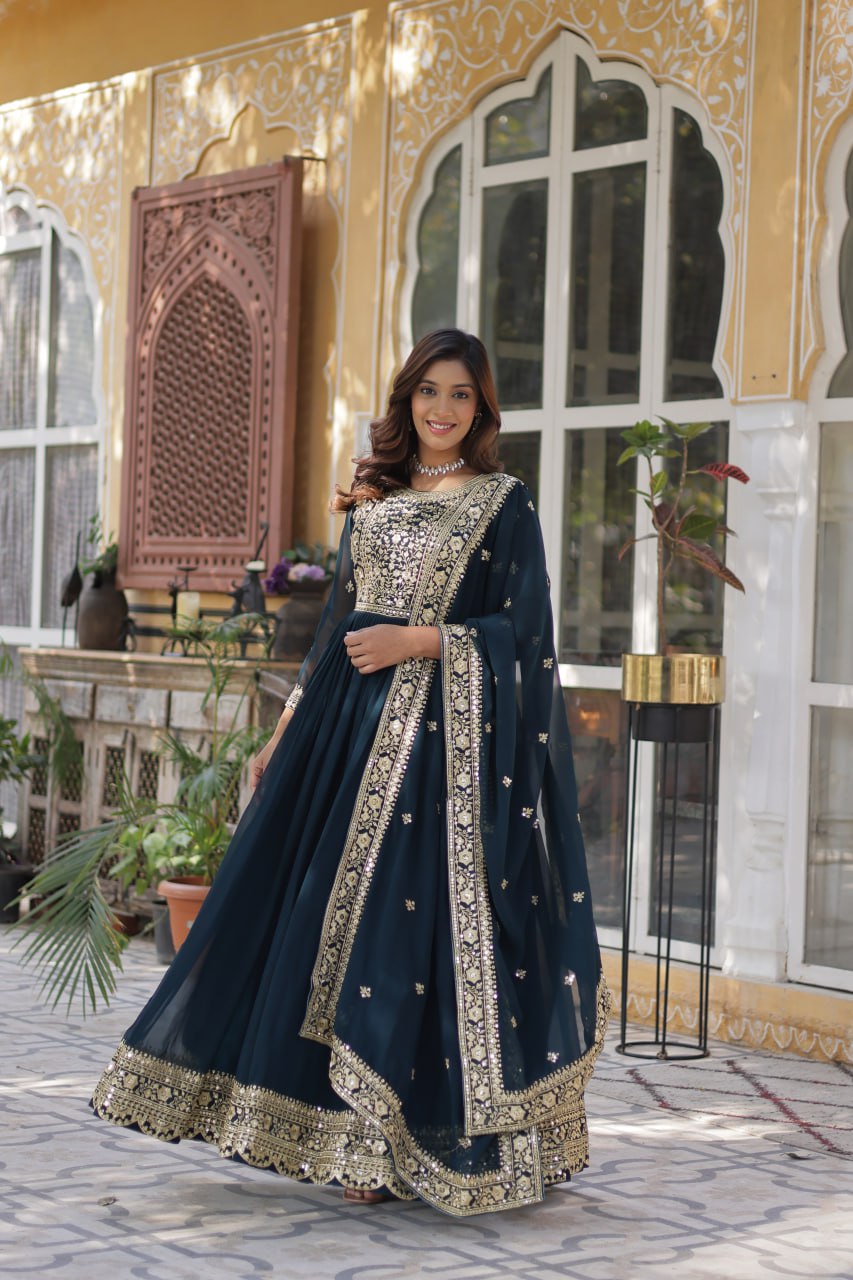 Elegant Faux Georgette Embroidered Gown With Dupatta - ETHNICDEAL
