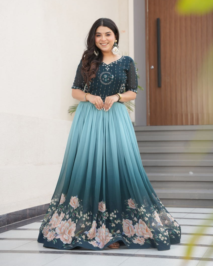 Floral Beaded Embroidered Faux Georgette Gown - ETHNICDEAL