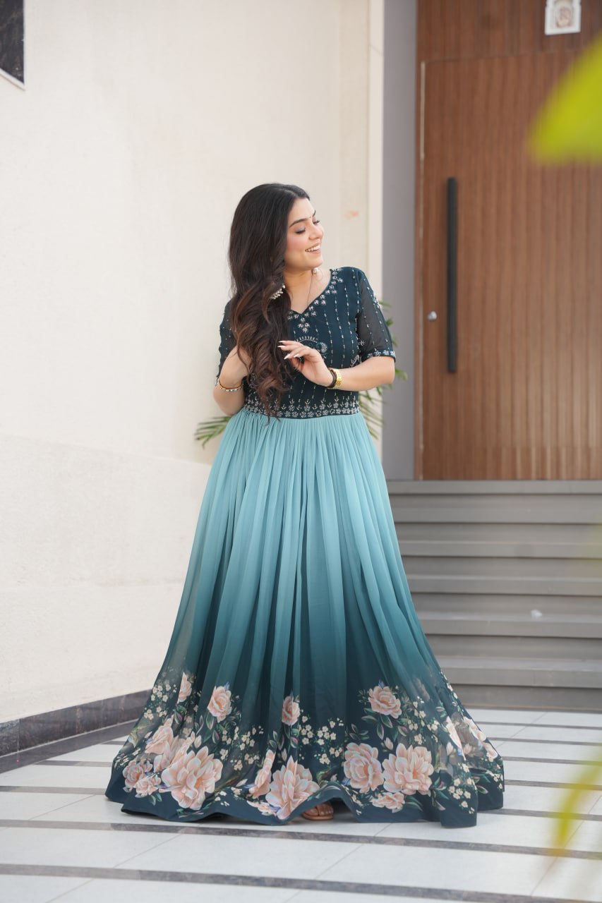 Floral Beaded Embroidered Faux Georgette Gown - ETHNICDEAL