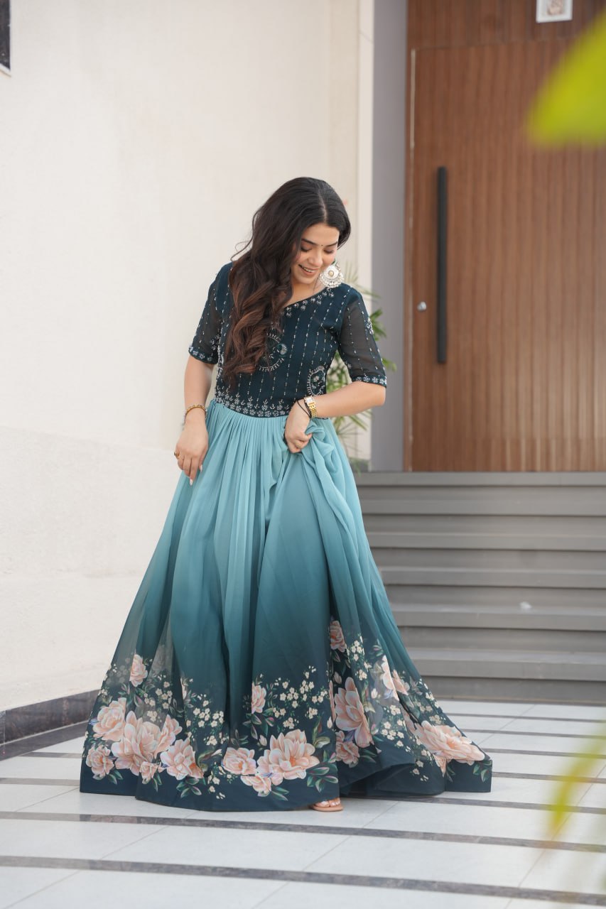 Floral Beaded Embroidered Faux Georgette Gown - ETHNICDEAL