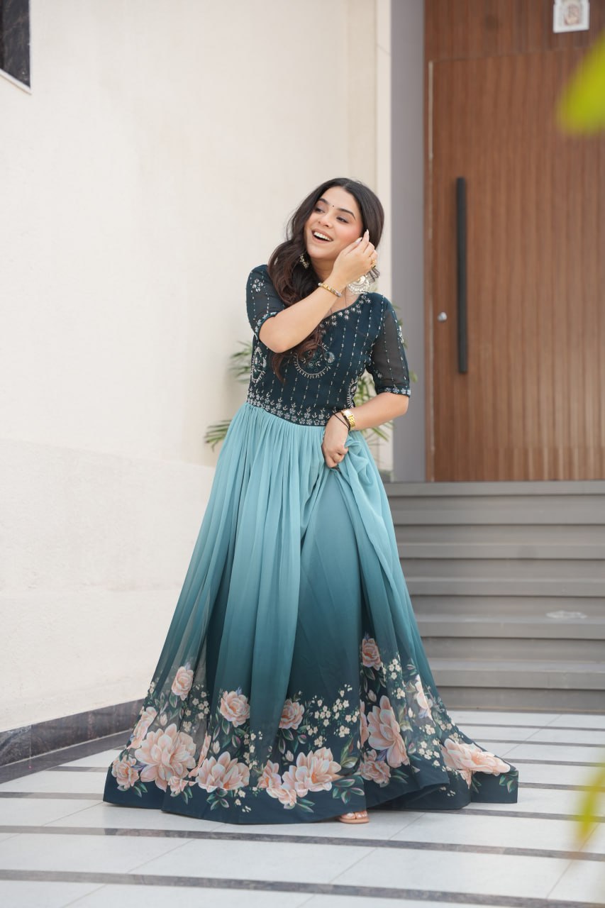 Floral Beaded Embroidered Faux Georgette Gown - ETHNICDEAL