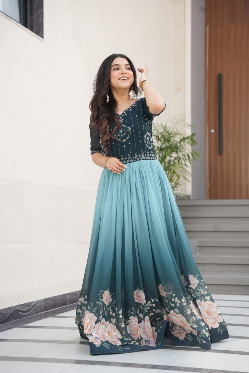 Floral Beaded Embroidered Faux Georgette Gown - ETHNICDEAL