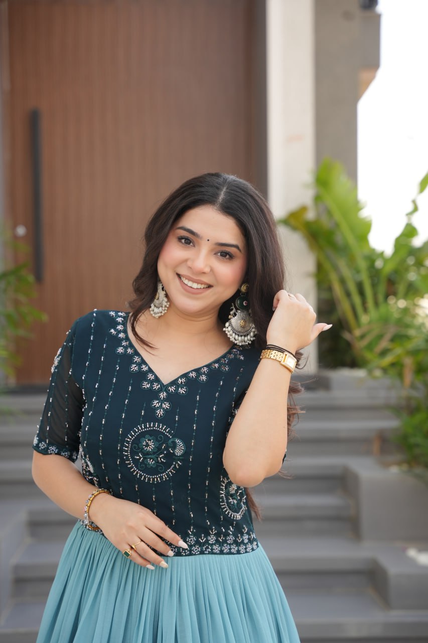 Floral Beaded Embroidered Faux Georgette Gown - ETHNICDEAL