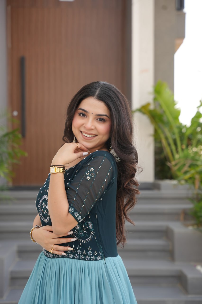 Floral Beaded Embroidered Faux Georgette Gown - ETHNICDEAL