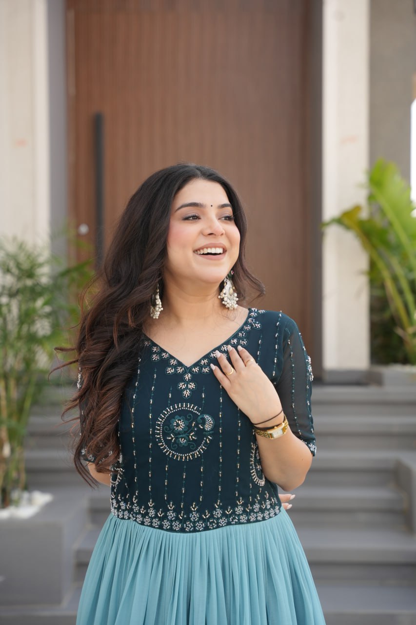 Floral Beaded Embroidered Faux Georgette Gown - ETHNICDEAL