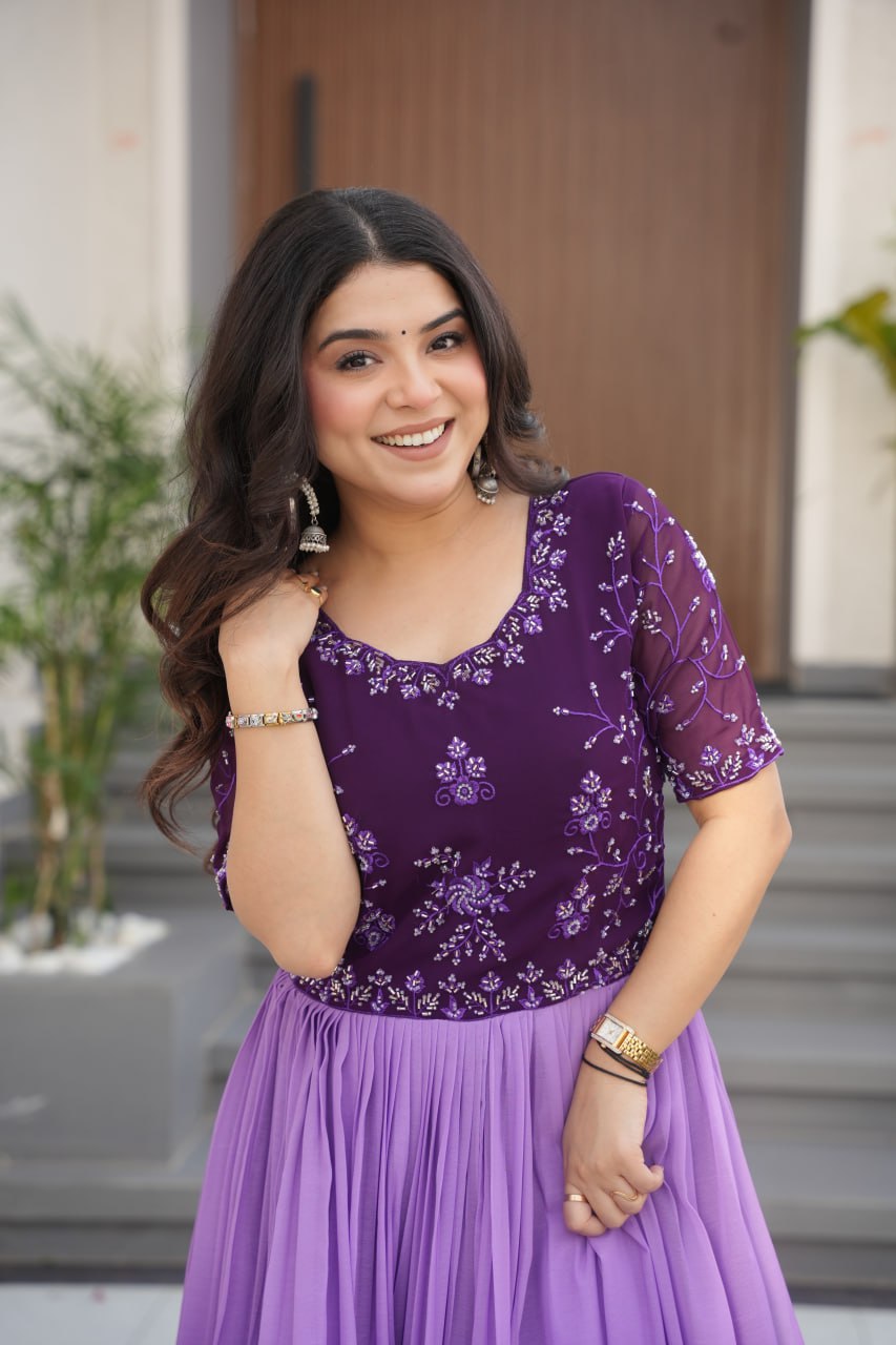 Floral Beaded Embroidered Faux Georgette Gown - ETHNICDEAL