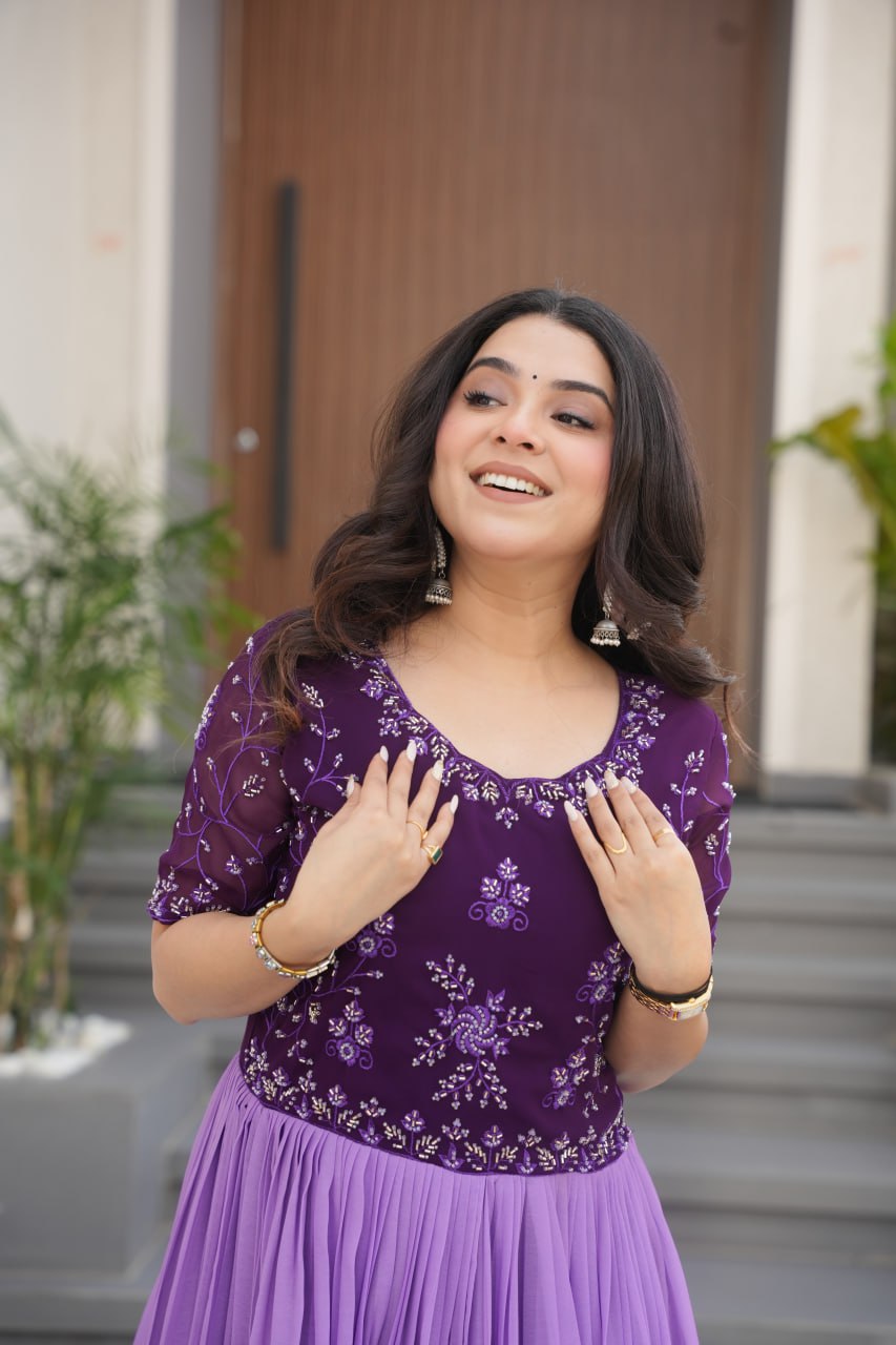 Floral Beaded Embroidered Faux Georgette Gown - ETHNICDEAL