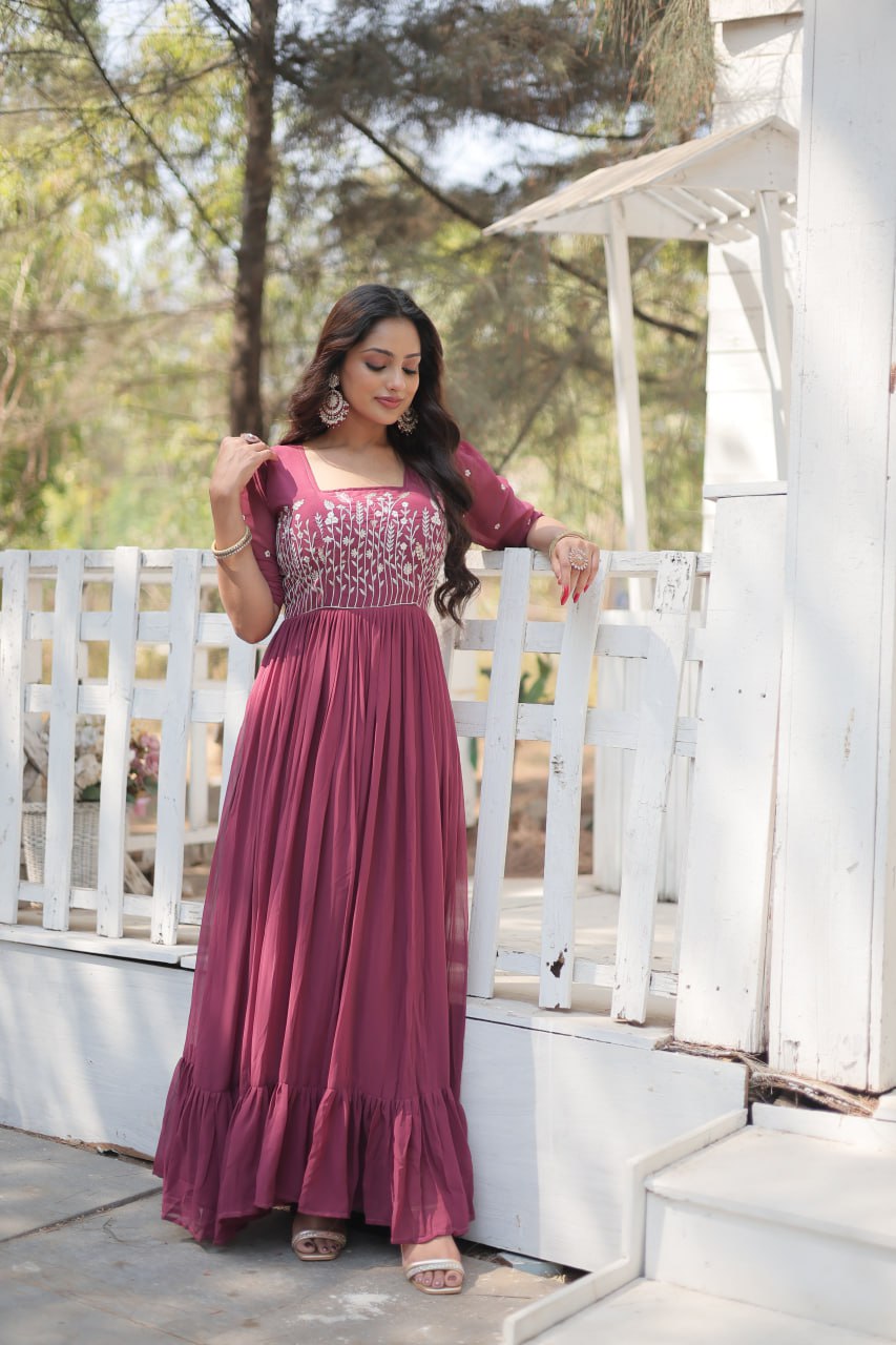 Glorious Faux Georgette Sequins Thread Worked Stitched Gown - Ethnicwish