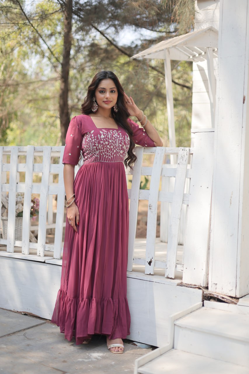 Glorious Faux Georgette Sequins Thread Worked Stitched Gown - Ethnicwish