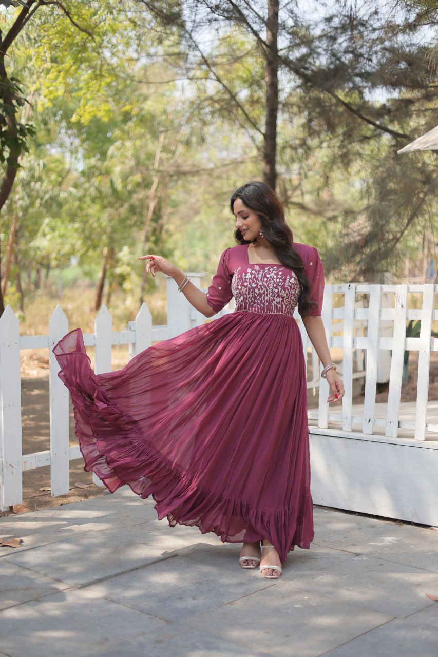 Glorious Faux Georgette Sequins Thread Worked Stitched Gown - Ethnicwish