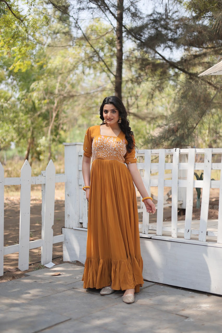 Glorious Faux Georgette Sequins Thread Worked Stitched Gown - Ethnicwish