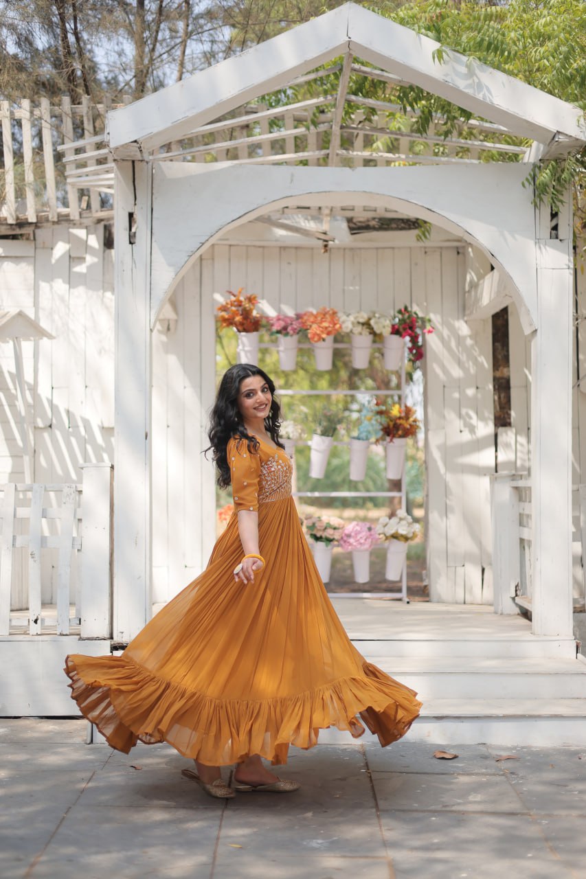 Glorious Faux Georgette Sequins Thread Worked Stitched Gown - Ethnicwish