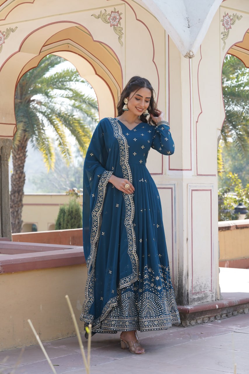 Gorgeous Faux Georgette Zari Sequins Worked Festive Wear Gown - Ethnicwish