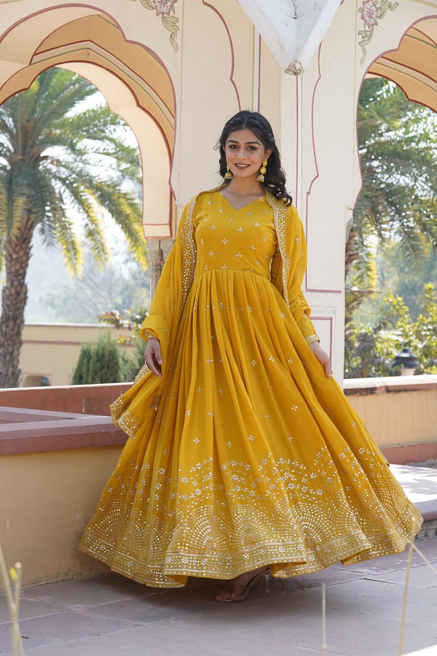 Gorgeous Faux Georgette Zari Sequins Worked Festive Wear Gown - Ethnicwish