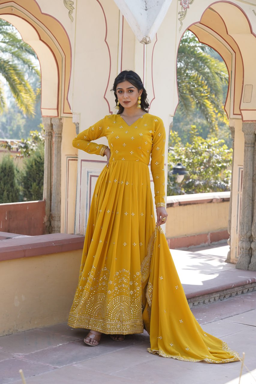 Gorgeous Faux Georgette Zari Sequins Worked Festive Wear Gown - Ethnicwish