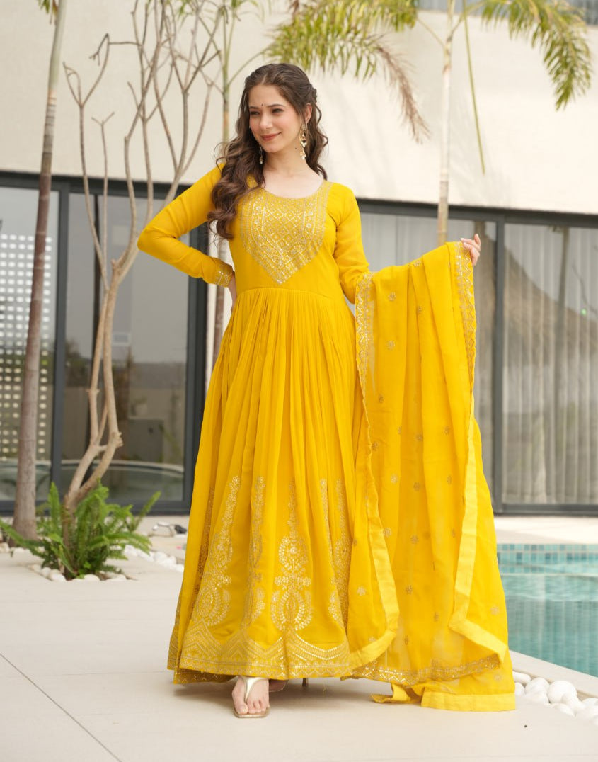 Lovely Faux Georgette Zari Sequins Embroidered Gown With Dupatta - ETHNICDEAL