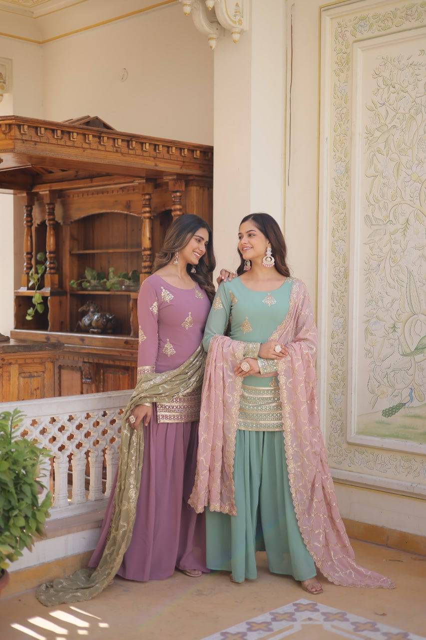 Dazzling Faux Georgette Sequins Embroidered Top Palazzo Suit - Ethnicwish