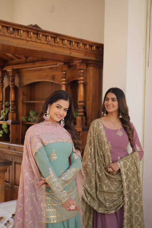 Dazzling Faux Georgette Sequins Embroidered Top Palazzo Suit - Ethnicwish