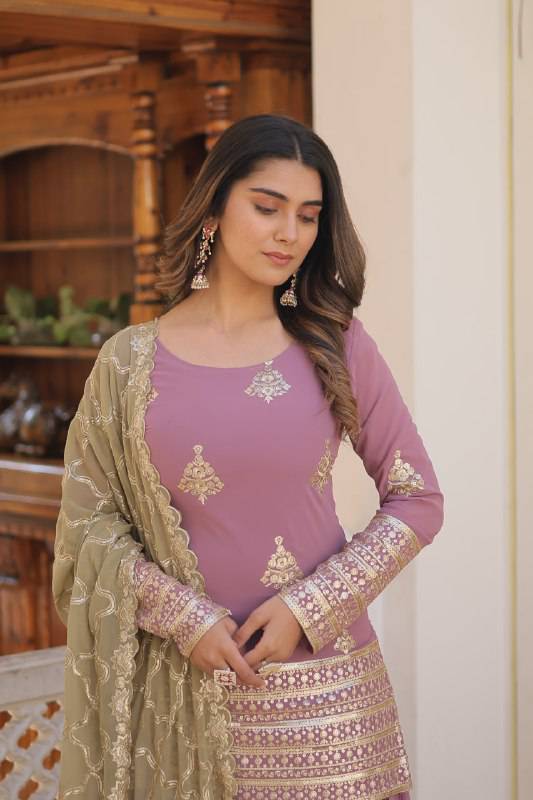 Dazzling Faux Georgette Sequins Embroidered Top Palazzo Suit - Ethnicwish