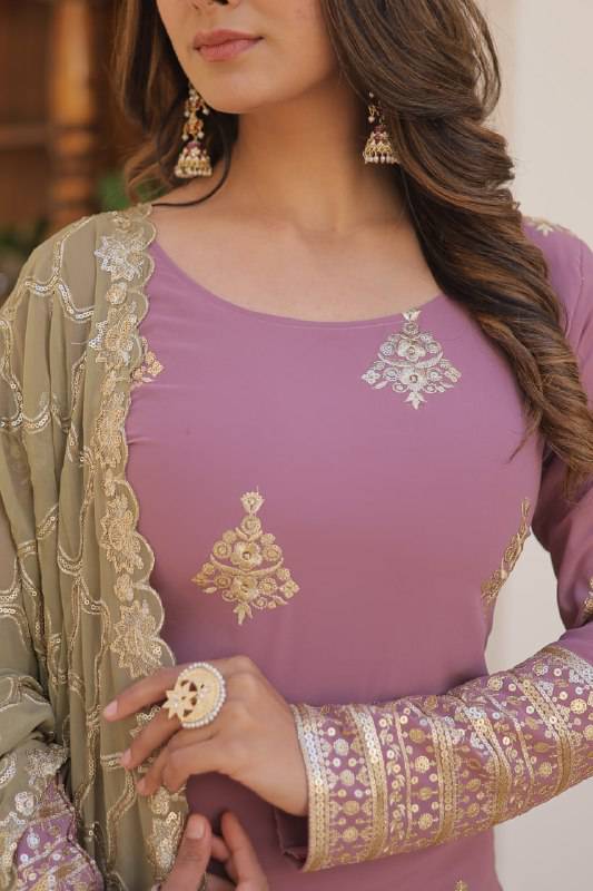 Dazzling Faux Georgette Sequins Embroidered Top Palazzo Suit - Ethnicwish
