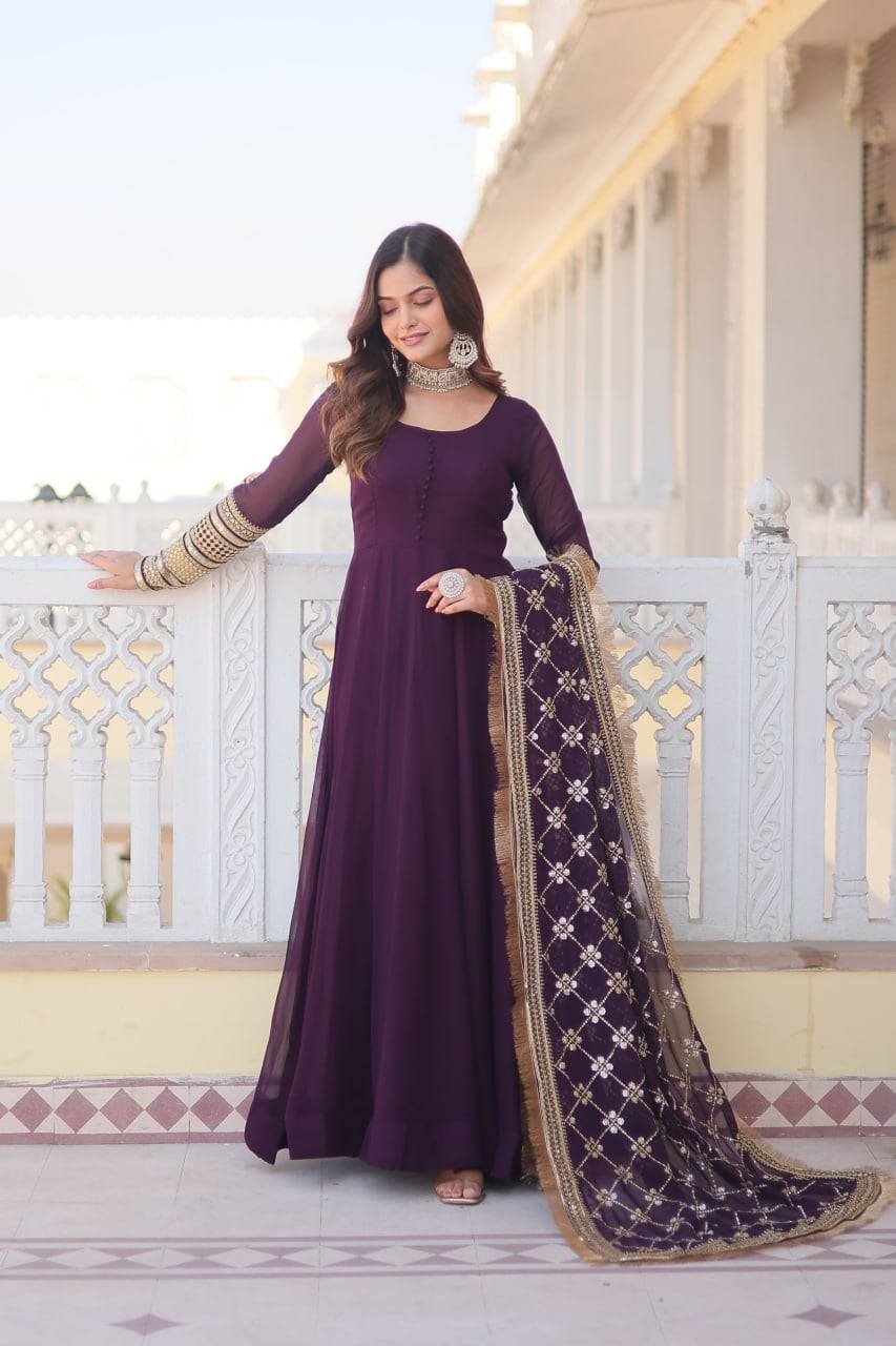 Intriguing Faux Georgette Sequins Embroidered Gown With Dupatta - Ethnicwish