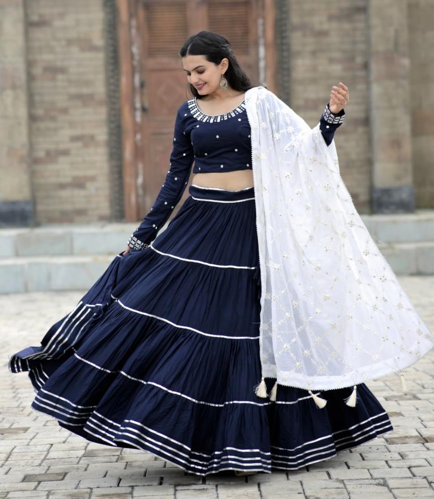 Fascinating Blue Foil Mirror Gota Patti Worked Navratri Lehenga Choli - Ethnicwish