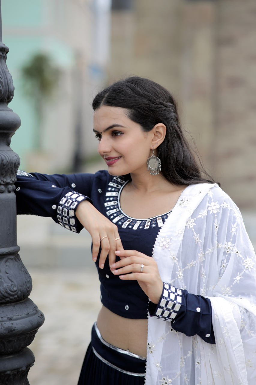 Fascinating Blue Foil Mirror Gota Patti Worked Navratri Lehenga Choli - Ethnicwish