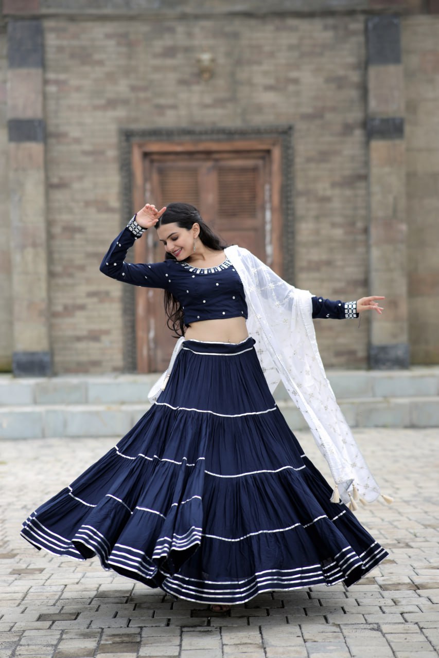 Fascinating Blue Foil Mirror Gota Patti Worked Navratri Lehenga Choli - Ethnicwish