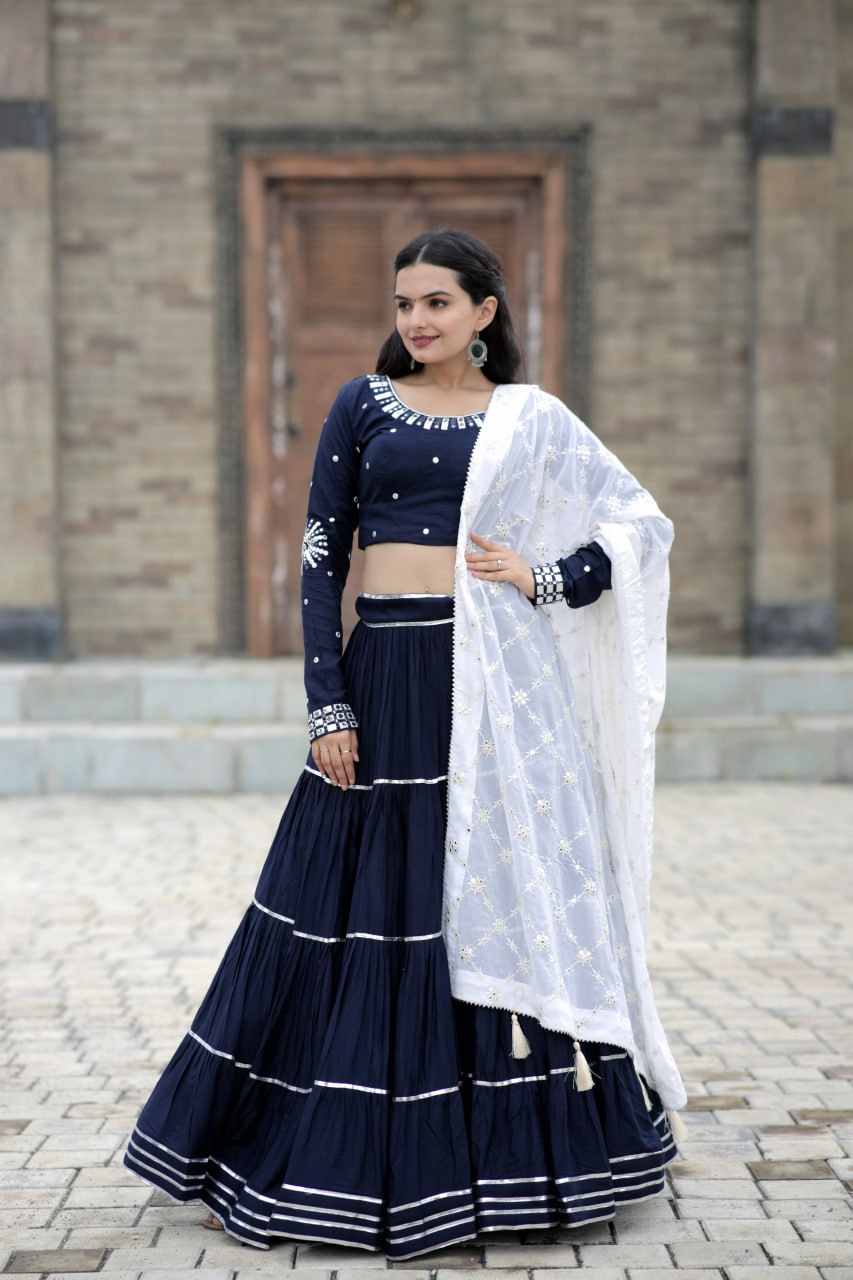 Fascinating Blue Foil Mirror Gota Patti Worked Navratri Lehenga Choli - Ethnicwish
