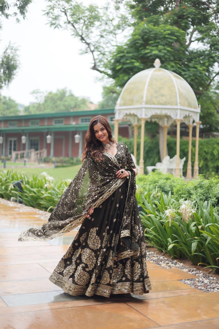 Luminous Mehendi Green Sequins Embroidered Designer Lehenga Choli - Ethnicwish