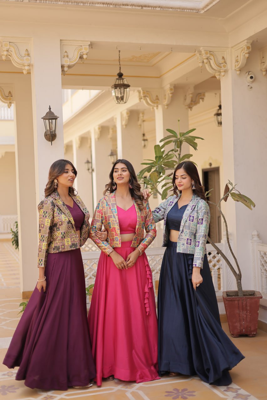 Stylish Chinon Fully Stitched Designer Lehenga Choli Koti Set - Ethnicwish