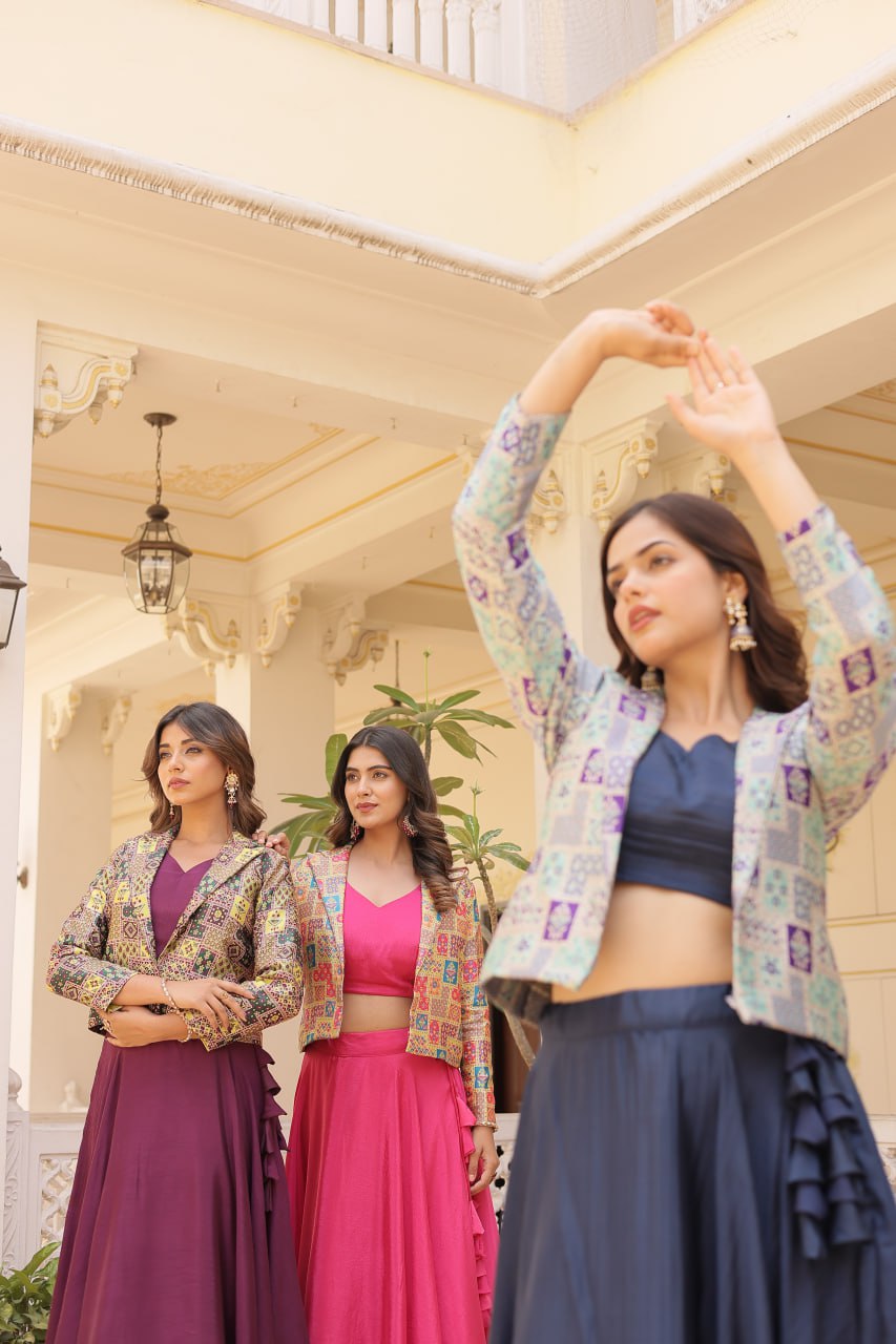 Stylish Chinon Fully Stitched Designer Lehenga Choli Koti Set - Ethnicwish