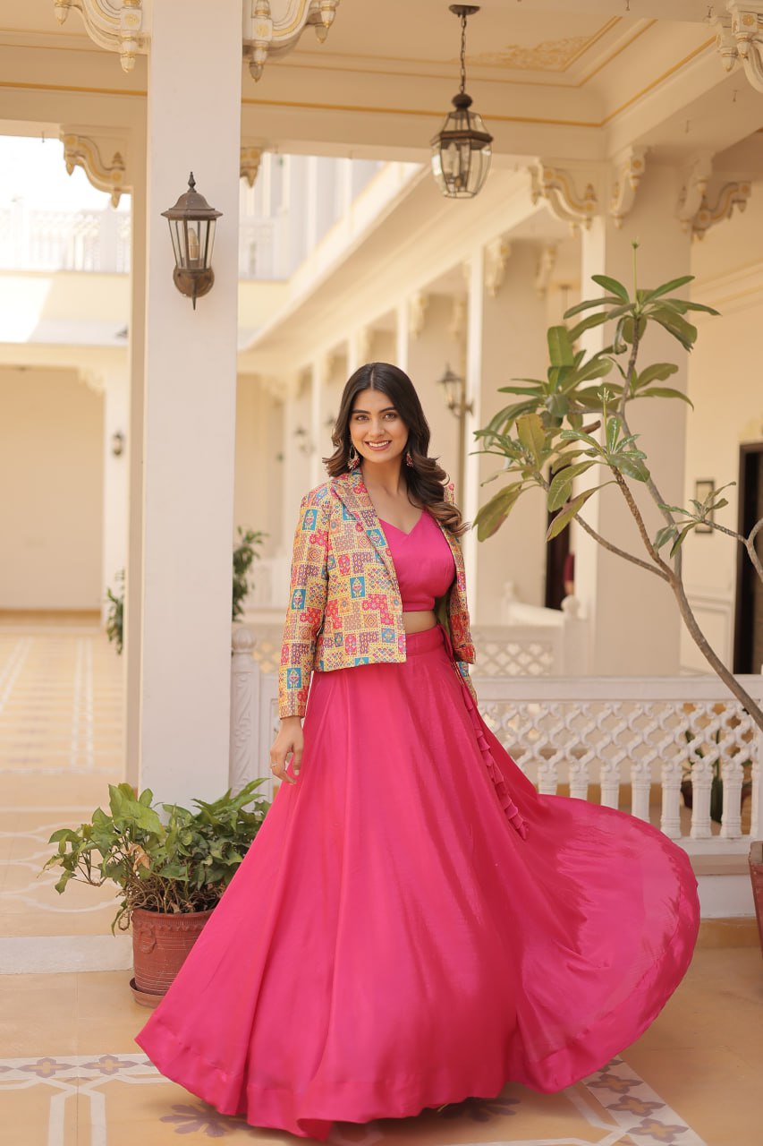 Stylish Chinon Fully Stitched Designer Lehenga Choli Koti Set - Ethnicwish