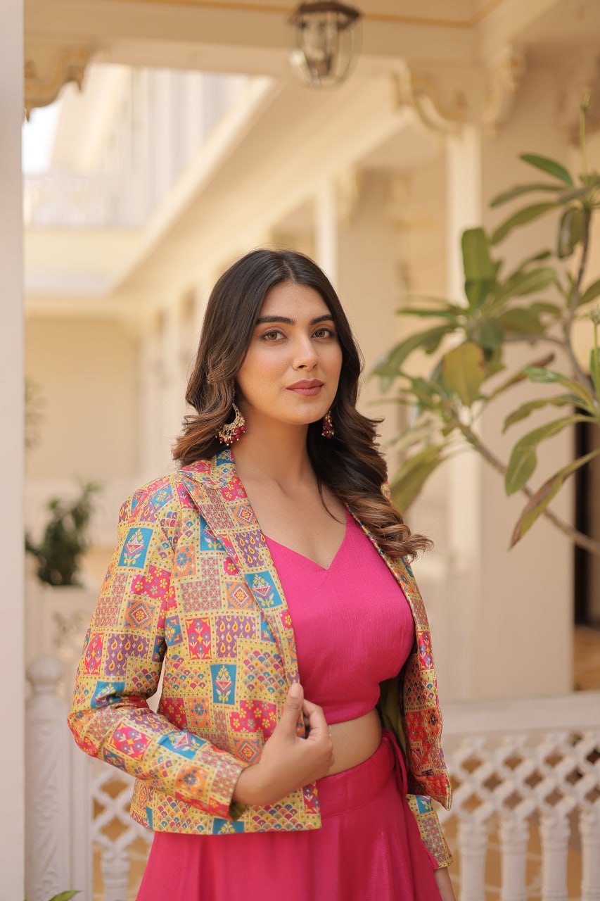 Stylish Chinon Fully Stitched Designer Lehenga Choli Koti Set - Ethnicwish