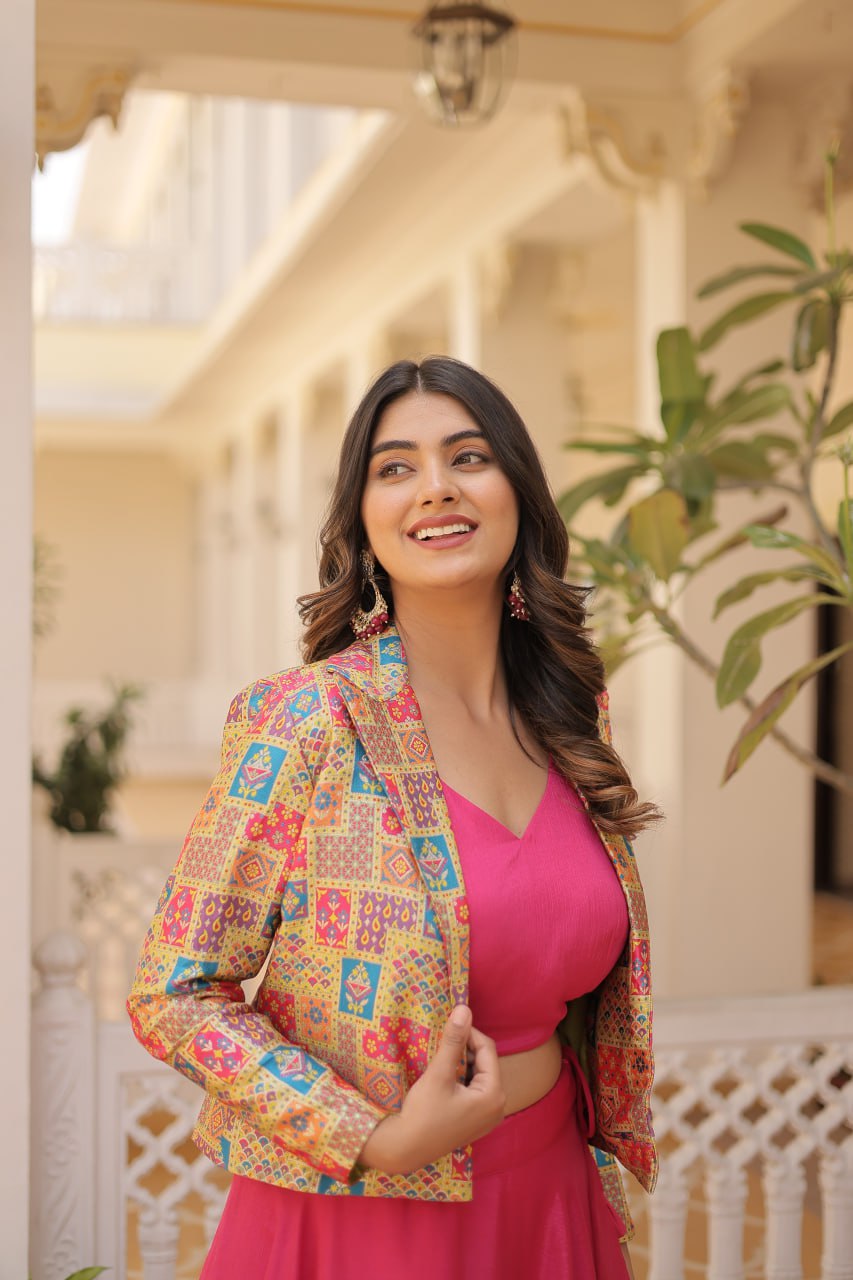 Stylish Chinon Fully Stitched Designer Lehenga Choli Koti Set - Ethnicwish