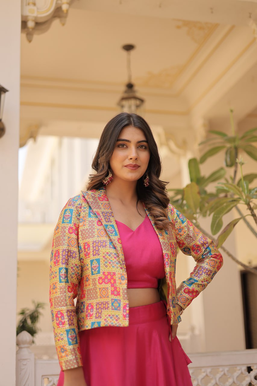 Stylish Chinon Fully Stitched Designer Lehenga Choli Koti Set - Ethnicwish