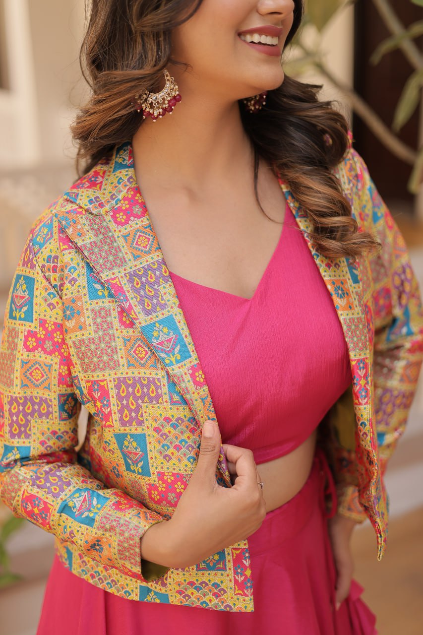 Stylish Chinon Fully Stitched Designer Lehenga Choli Koti Set - Ethnicwish